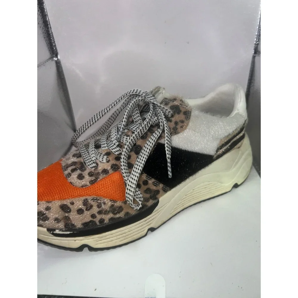 White Raven Leopard Print Orange Mesh Faux Fur Platform Sneakers Womens Size 6